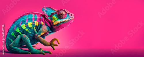 Chameleon on pink background photo