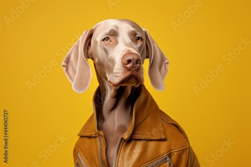 Close-up portrait photography of a funny weimaraner dog wearing a leather jacket against a gold background. With generative AI technology