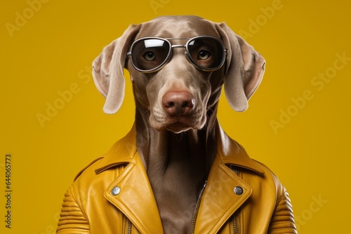 Close-up portrait photography of a funny weimaraner dog wearing a leather jacket against a gold background. With generative AI technology © Markus Schröder