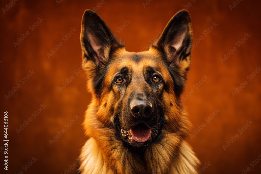 Lifestyle portrait photography of a happy german shepherd wearing a sports jersey against a copper brown background. With generative AI technology