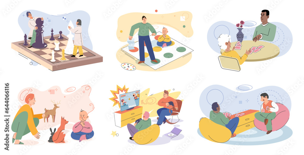 Game together. Family fun. Friendship time. Vector illustration. People playing games together create joyful and vibrant atmosphere The friendship forged through shared gaming experiences truly
