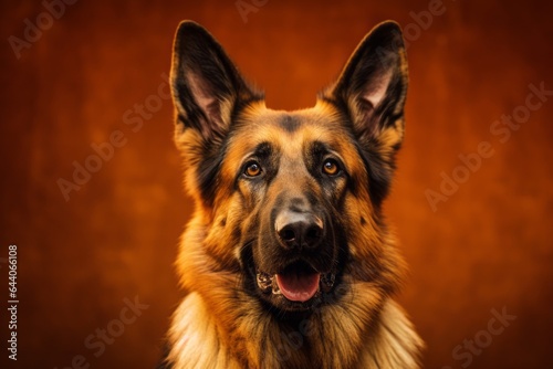 Lifestyle portrait photography of a happy german shepherd wearing a sports jersey against a copper brown background. With generative AI technology © Markus Schröder