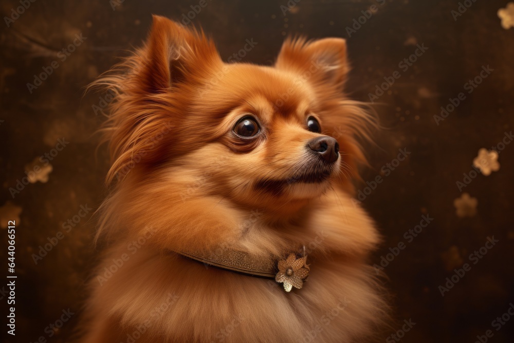 Photography in the style of pensive portraiture of a cute pomeranian wearing a light-up collar against a copper brown background. With generative AI technology