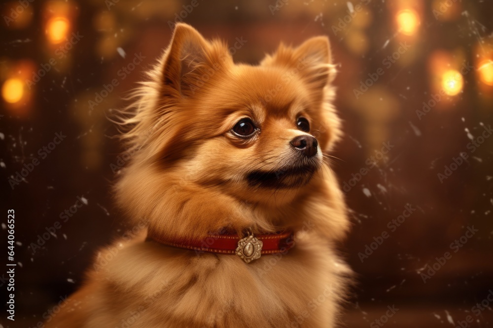Photography in the style of pensive portraiture of a cute pomeranian wearing a light-up collar against a copper brown background. With generative AI technology Photography in the style of pensive portraiture of a cute pomeranian wearing a light-up collar against a copper brown background. With generative AI technology
