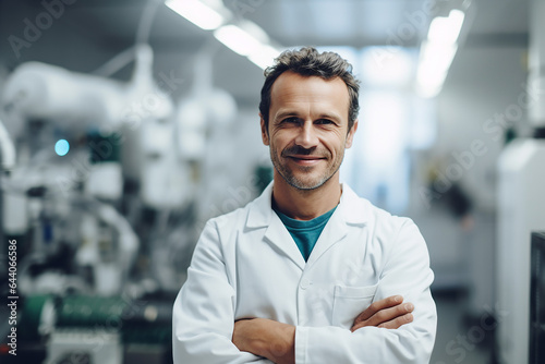 Portrait of confident mature male scientist standing with arms crossed in factory.Happy, smile and man chemist or biologist