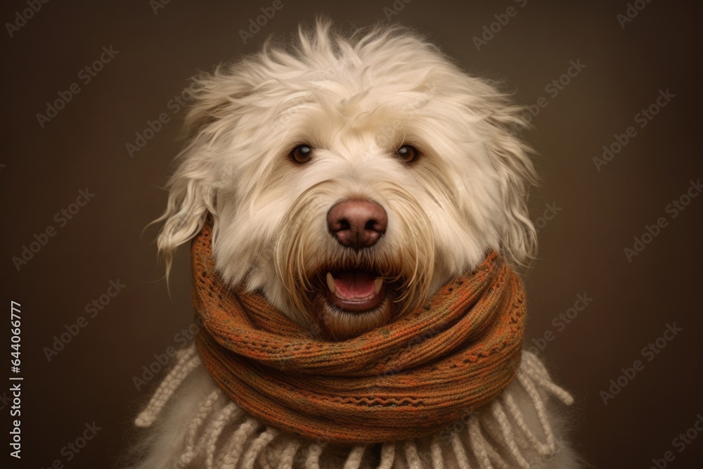 Medium shot portrait photography of a smiling komondor dog wearing a warm scarf against a copper brown background. With generative AI technology