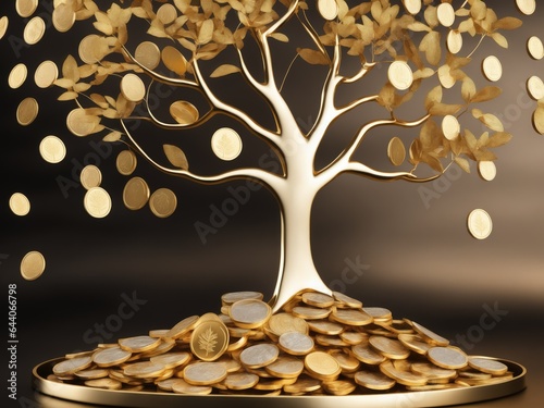 Golden tree with coin leaves on a pile of coins