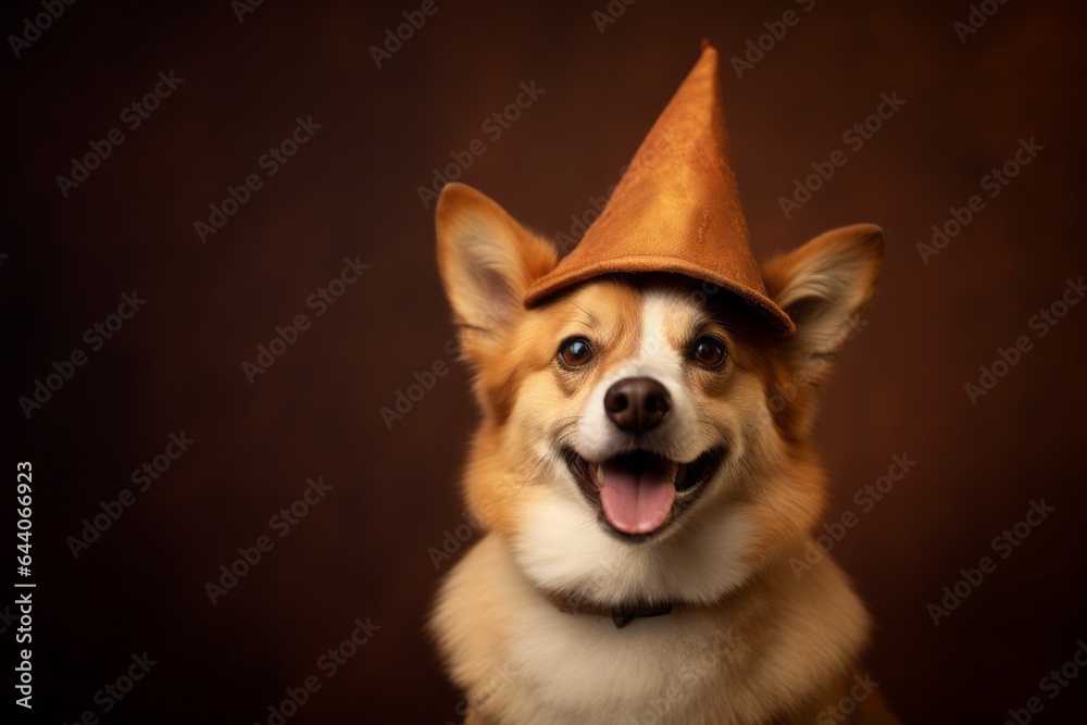 Medium shot portrait photography of a happy norwegian lundehund wearing a wizard hat against a copper brown background. With generative AI technology Medium shot portrait photography of a happy norwegian lundehund wearing a wizard hat against a copper brown background. With generative AI technology