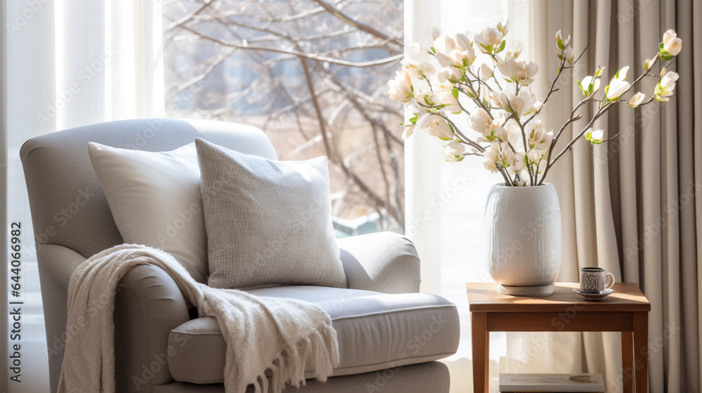 Cozy reading nook in a sunlit home corner. Close-up of a white comfy armchair by the window.