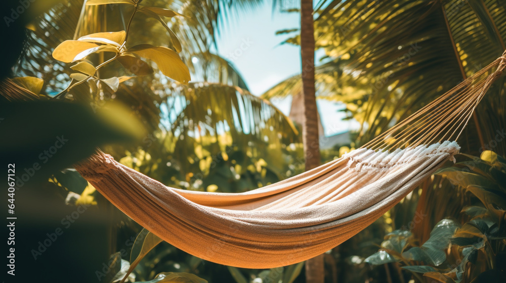 Summer vibes with a hammock between two palm trees.