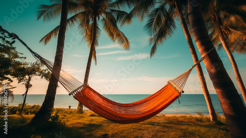 Summer vibes with a hammock between two coconut trees at the beach. © Kosal