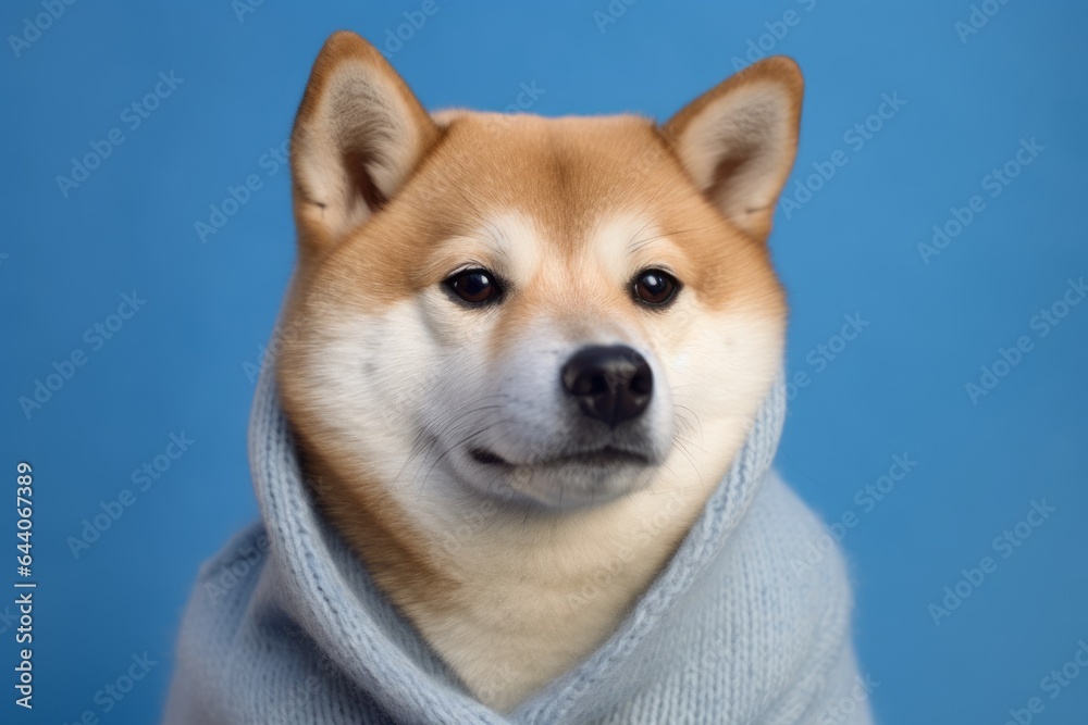 Lifestyle portrait photography of a cute akita wearing a cashmere sweater against a periwinkle blue background. With generative AI technology Lifestyle portrait photography of a cute akita wearing a cashmere sweater against a periwinkle blue background. With generative AI technology
