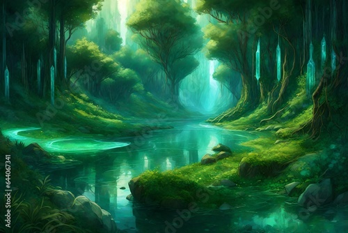 Crystalline streams winding through emerald-hued forests 