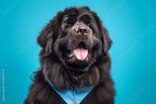 Medium shot portrait photography of a happy newfoundland dog wearing a doctor costume against a periwinkle blue background. With generative AI technology photo