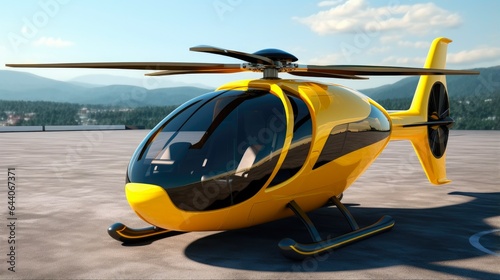 Contemporary Helicopter for Private Transportation on Horizontal Asphalt at Heliport. Advanced Rotor and Design in Aerospace Industry