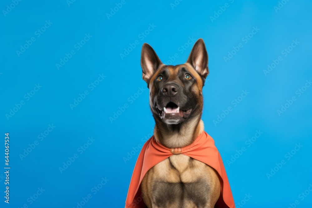 Group portrait photography of a smiling belgian malinois dog wearing a superhero costume against a periwinkle blue background. With generative AI technology