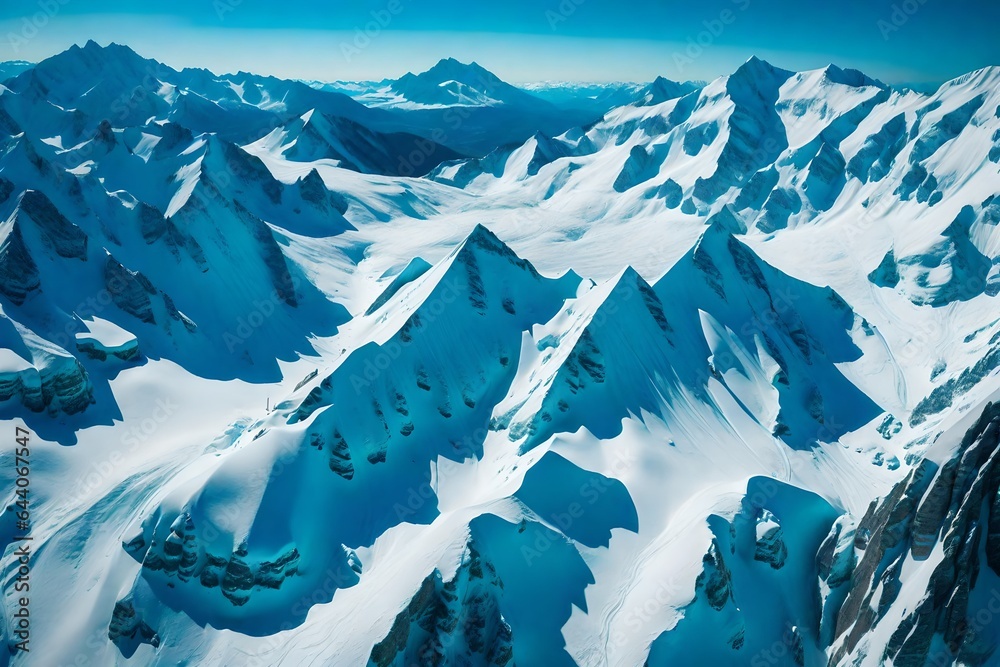 Aerial view of mountain peaks piercing the cerulean sky 