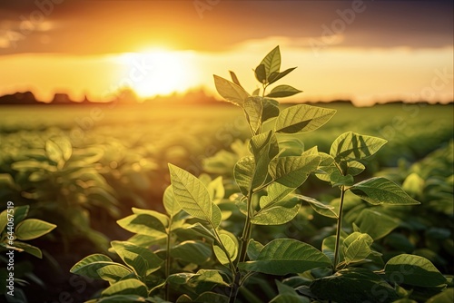 Spectacular Sunset on Soybean Crop Field: Agriculture Industry Grown Soybeans Plants