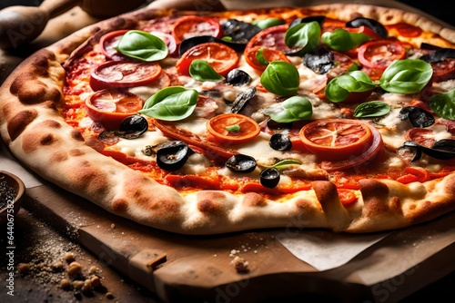 Dazzling image of a freshly baked pizza, from the oven. 