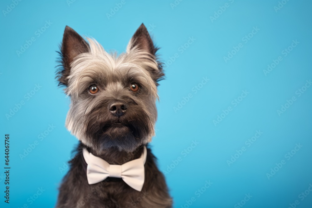 Lifestyle portrait photography of a funny cairn terrier wearing a tuxedo against a periwinkle blue background. With generative AI technology