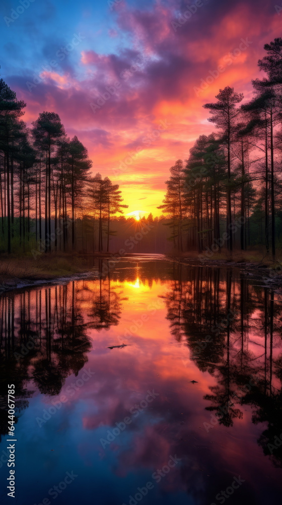 The sun is setting over a lake surrounded by trees