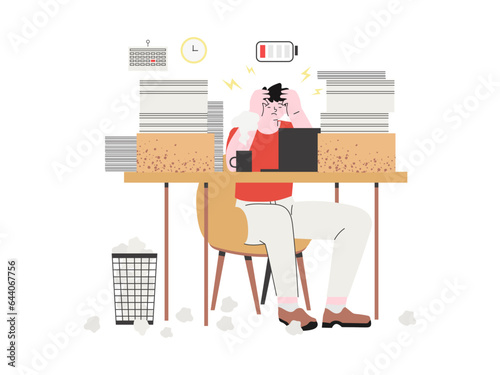 Professional burnout concept. A male employee is tired, frustrated and emotionally exhausted. Stressed man sitting at his working place with a laptop and piles of documents with a low charge sign.