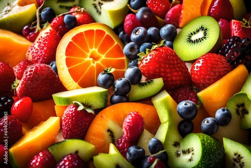 Artistic shot of a colorful fruit salad under natural sunlight. 