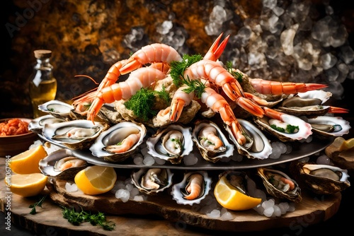 A picturesque display of a gourmet seafood tower with oysters and shrimp. 