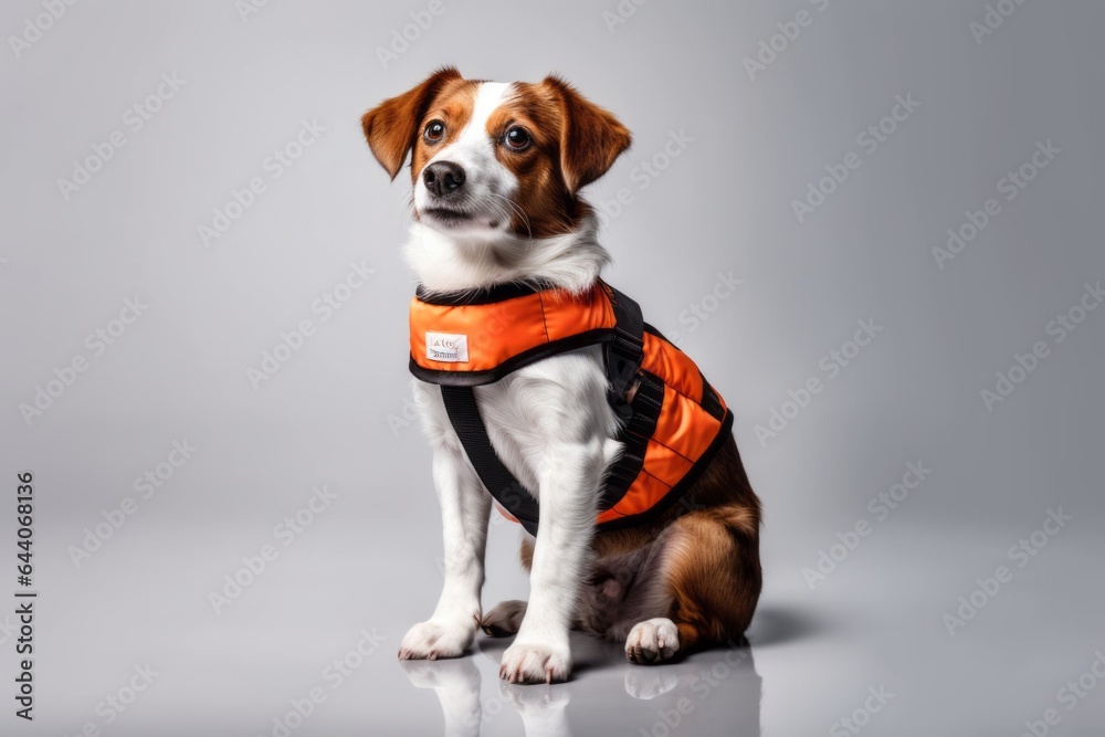 Studio portrait photography of a cute brittany dog wearing a life jacket against a minimalist or empty room background. With generative AI technology Studio portrait photography of a cute brittany dog wearing a life jacket against a minimalist or empty room background. With generative AI technology