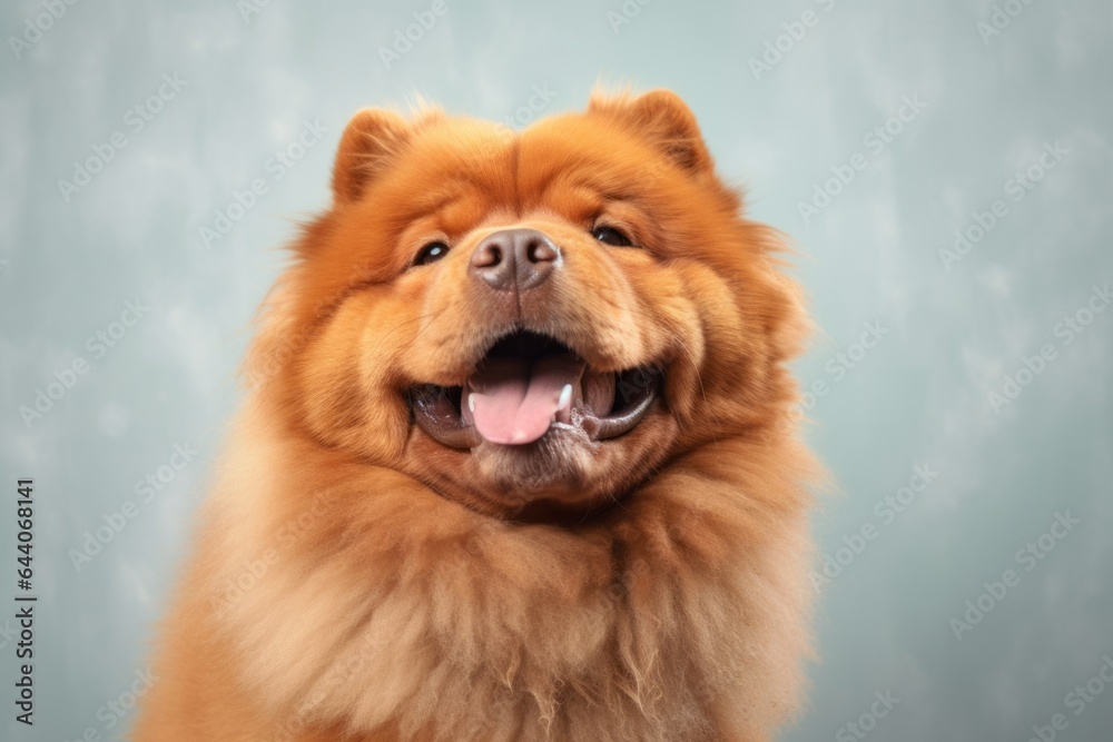 Lifestyle portrait photography of a happy chow chow dog wearing a snood against a minimalist or empty room background. With generative AI technology