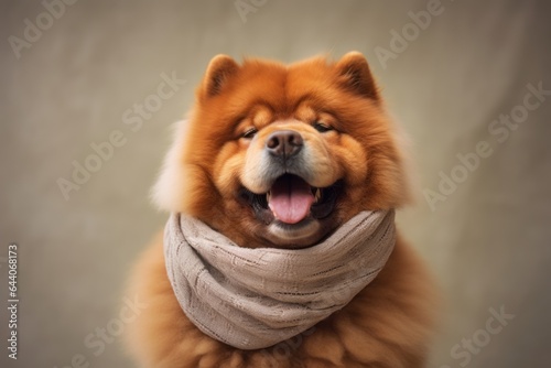 Lifestyle portrait photography of a happy chow chow dog wearing a snood against a minimalist or empty room background. With generative AI technology photo
