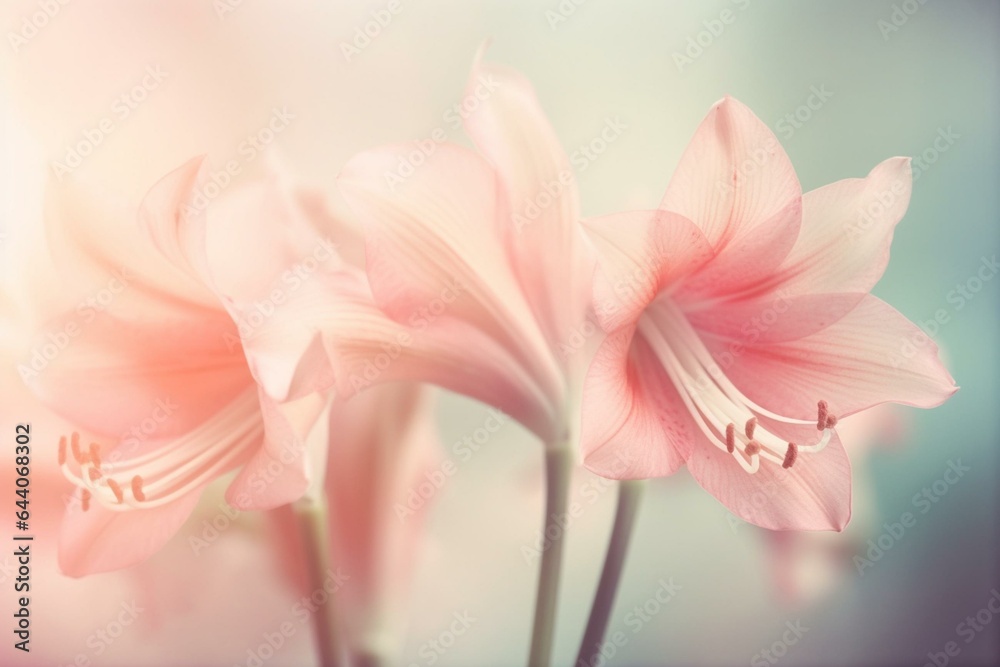 Blurred pink amaryllis, pastel background. Floral wallpaper, cosmetic ad or web cover. Generative AI