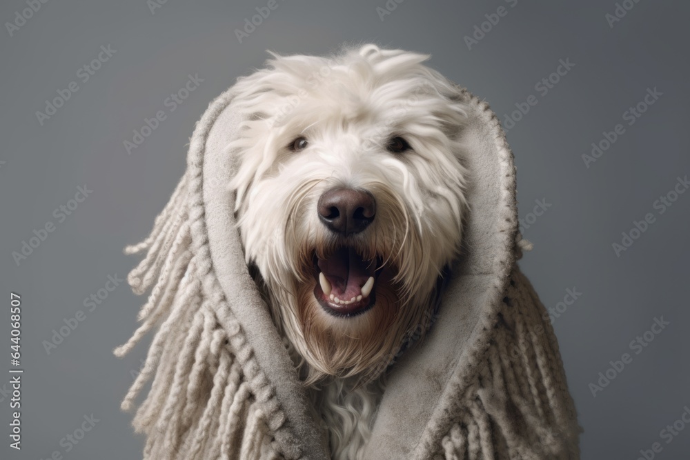 Close-up portrait photography of a smiling komondor dog wearing a plush robe against a minimalist or empty room background. With generative AI technology