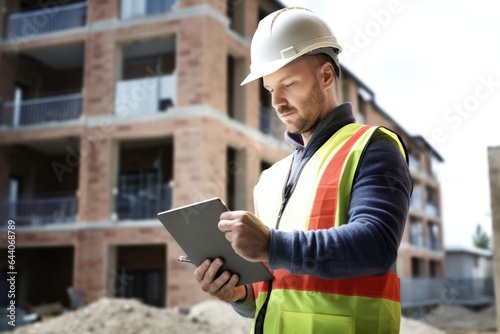 shot of a builder using his tablet while on site