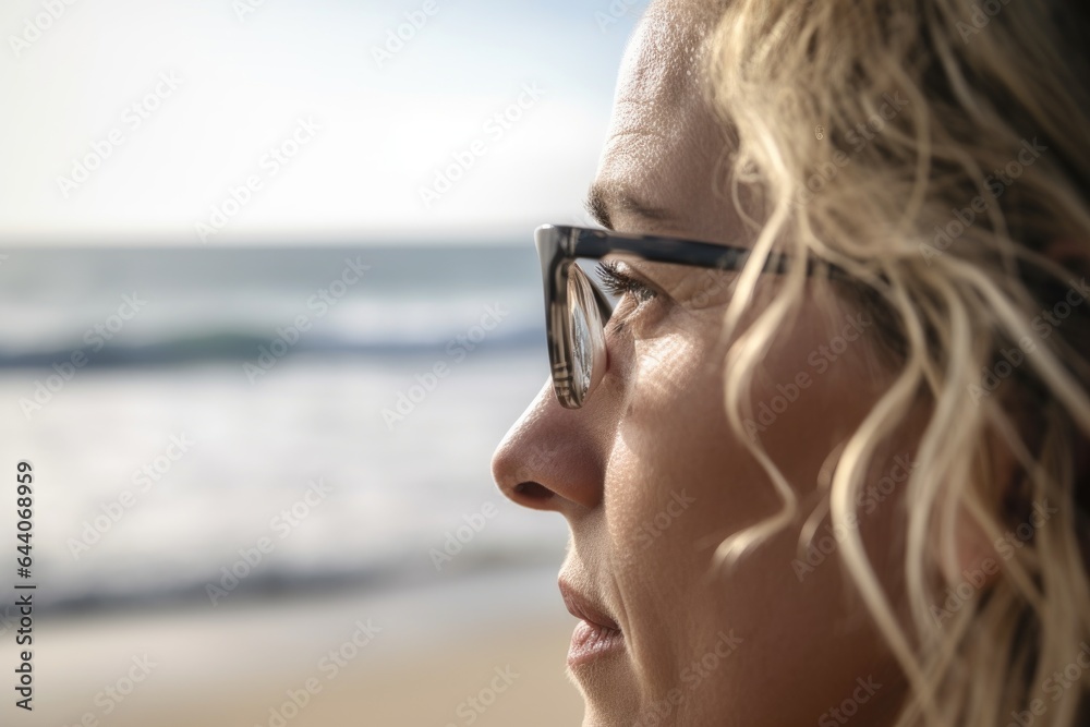 closeup shot of a woman looking out to the ocean on the beach closeup shot of a woman looking out to the ocean on the beach
