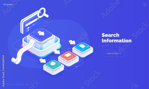 System of electronic classification and search of corporate data. Quick data search. Classification of files, folders, reports, graphs. Isometric vector illustration 3d style on blue background