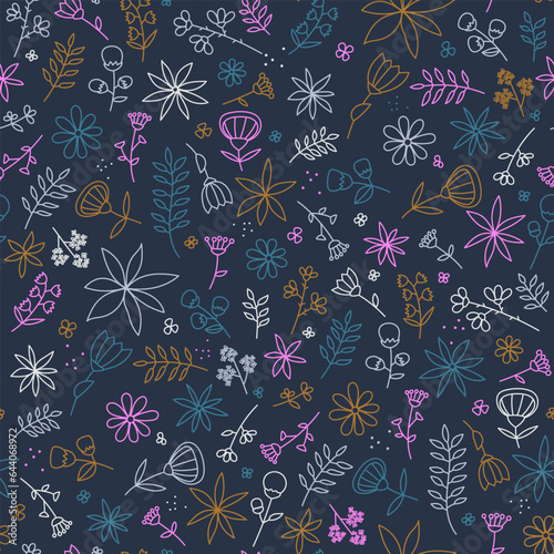 Hand drawn summer floral backround. Botanical seamless pattern . Sketch drawing. Design for fashion , fabric, textile, wallpaper, cover, web , wrapping and all prints