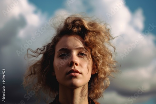 portrait of a young woman with her head in the clouds