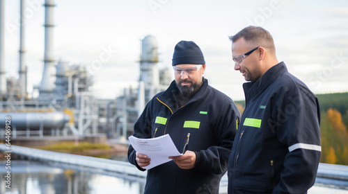 Engineers discussing blueprints with the refinery as a backdrop.