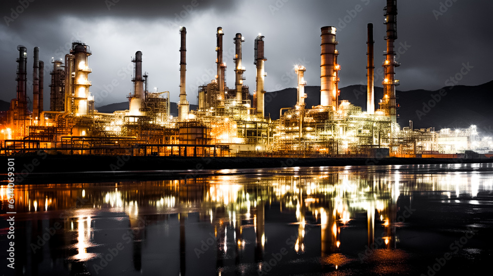 Night-time glow of an oil refinery, lit against the dark sky.