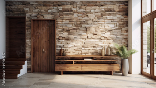 interior of modern room with stone stairs