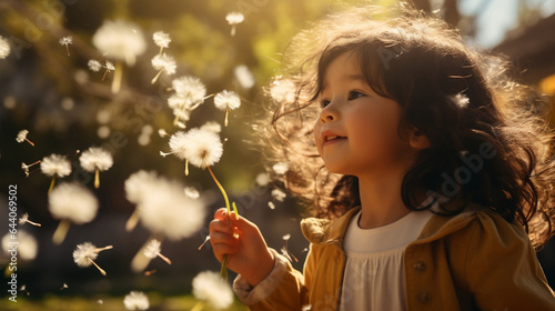 An asian girl toddler carrying a dandelion blowball and surrounded by dandelions blowing in the wind spring season 