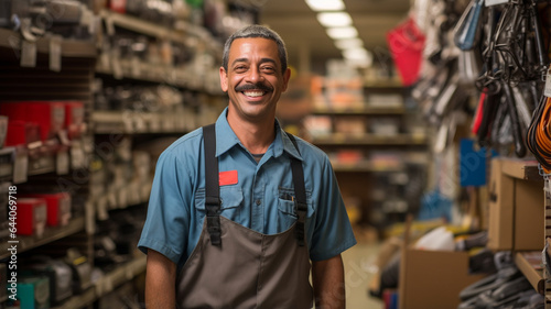 Portrait of a smiling worker in uniform standing at the workplace. warehouse worker in front of the camera.