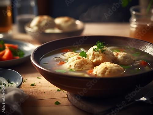 Chicken soup with dumplings made from matzo meal . Ai Generative photo