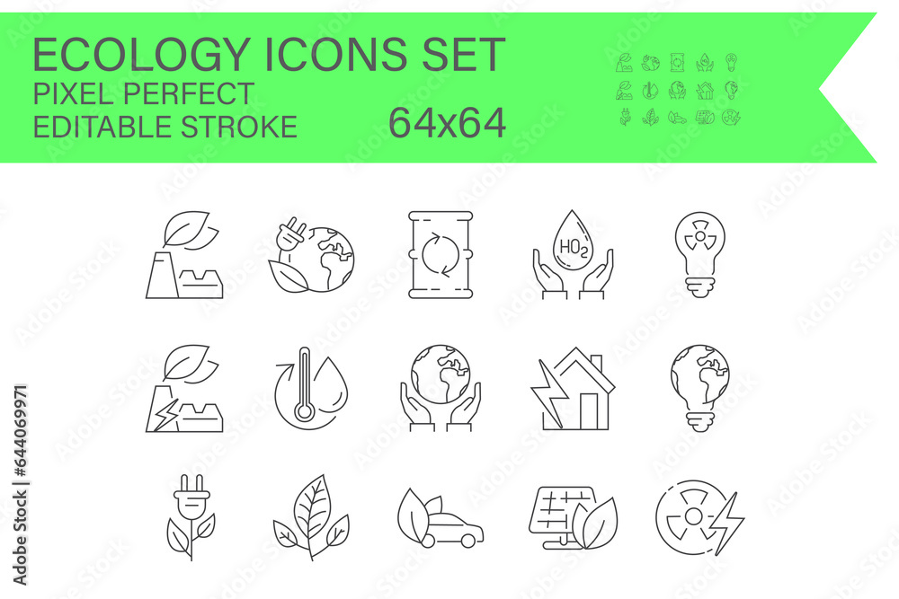 Collection of outline icons.  ecology, environment, and sustainability.  thin line icons.  editable vector strokes and maintain a pixel-perfect resolution of 64x64.