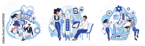 Team solving problems. Effective business solution strategy and complex task cooperation as successful performance process Teams solving problems brainstorming ideas, using technology to analyze data