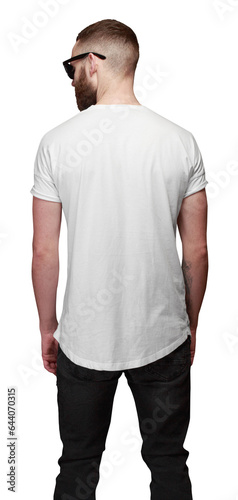Hipster handsome male model with beard wearing white blank t-shirt with space for your logo. Back view