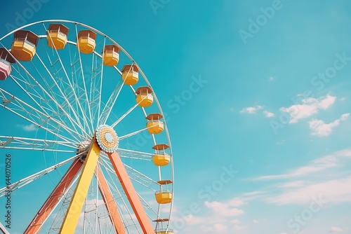 Colorful ferris wheel of the amusement park in the blue sky background. Generative ai photo