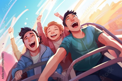 Friends riding roller coaster ride at amusement park. People having fun at amusement park. Generative ai