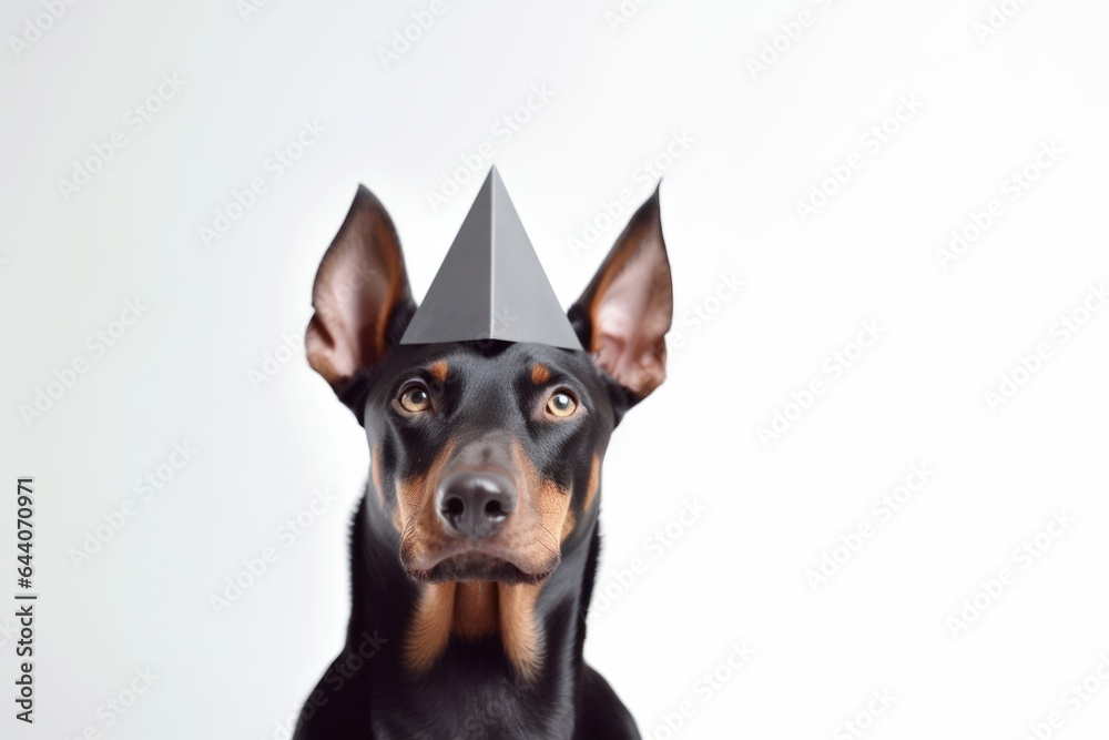 Photography in the style of pensive portraiture of a cute doberman pinscher wearing a shark fin against a white background. With generative AI technology